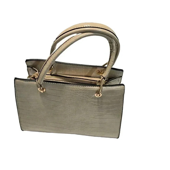 Beige Croc-Embossed Structured Handbag - Picture 6 of 12